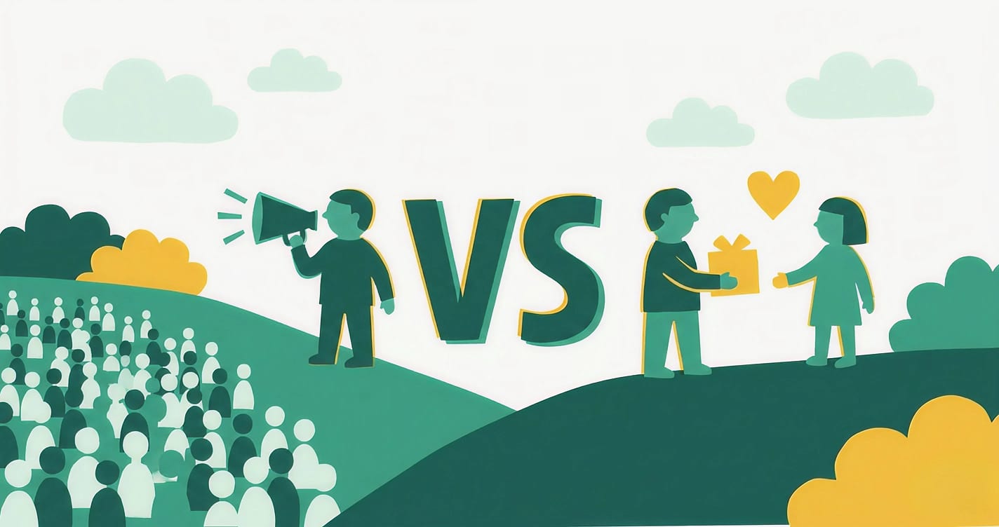 Side-by-side comparison of affiliate program and referral program showing key differences in cost, scale, and customer quality