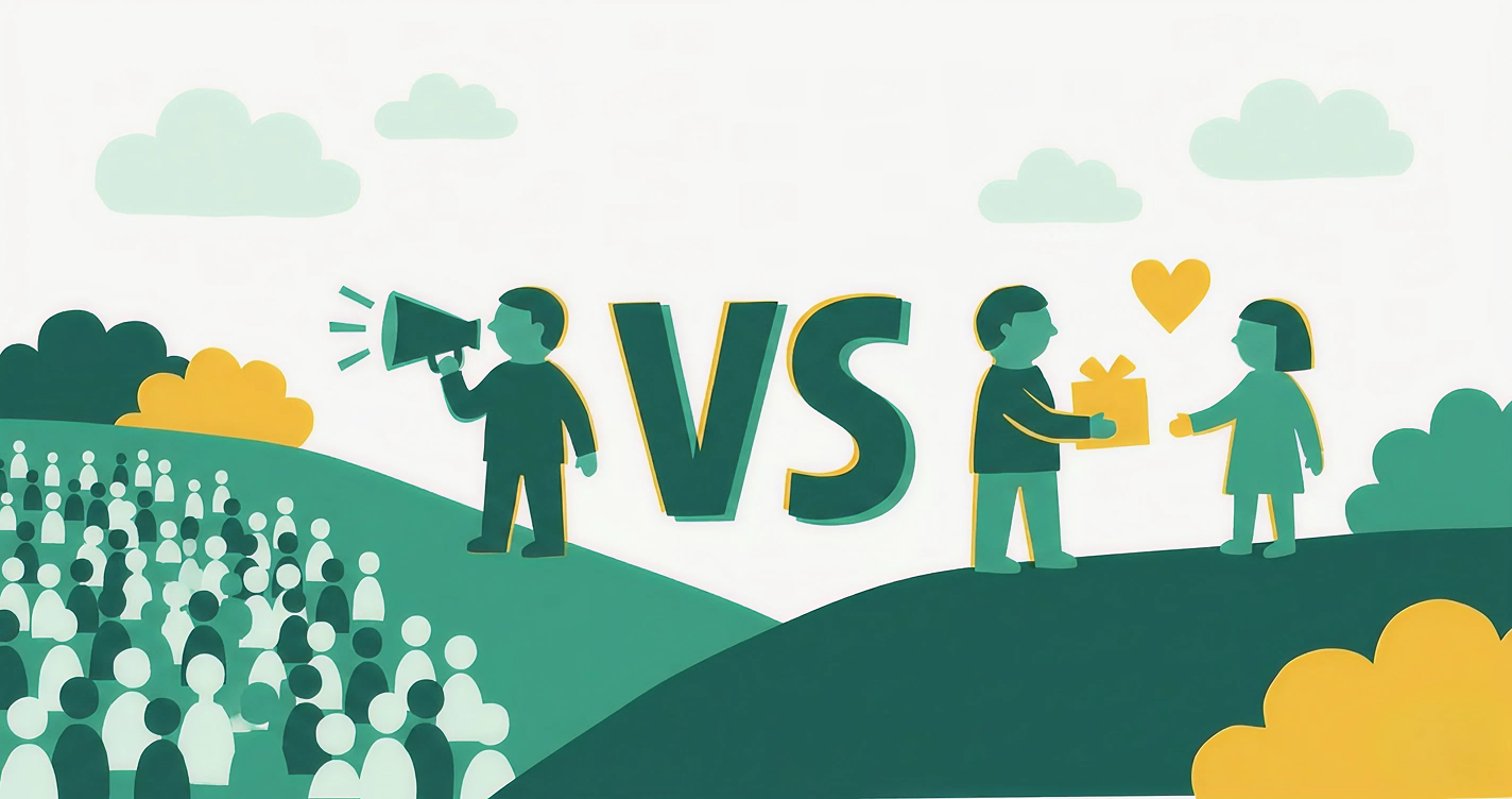 Side-by-side comparison of affiliate program and referral program showing key differences in cost, scale, and customer quality