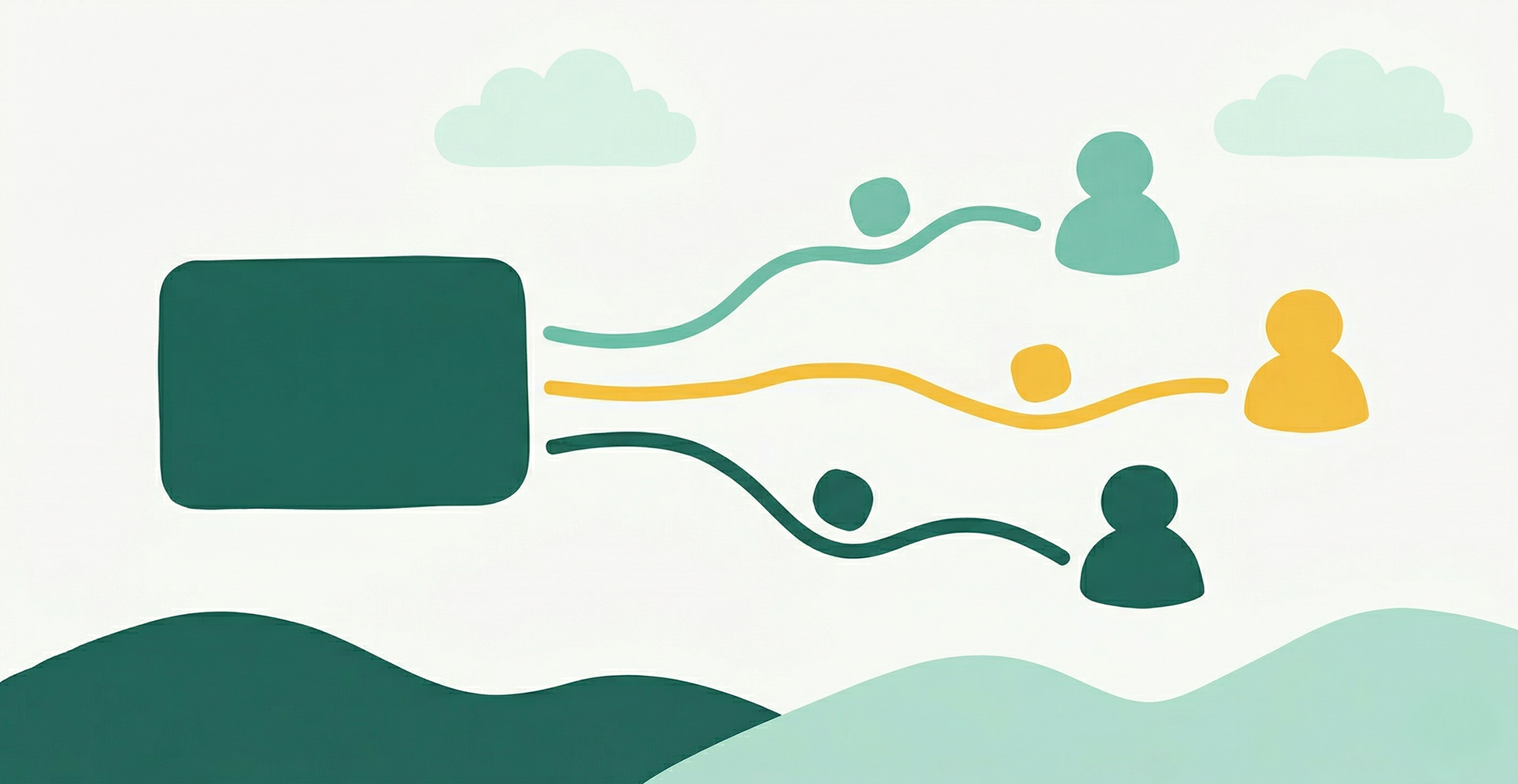 Simple illustration of money flowing from a Stripe dashboard to multiple affiliate bank accounts through automated payout pipes