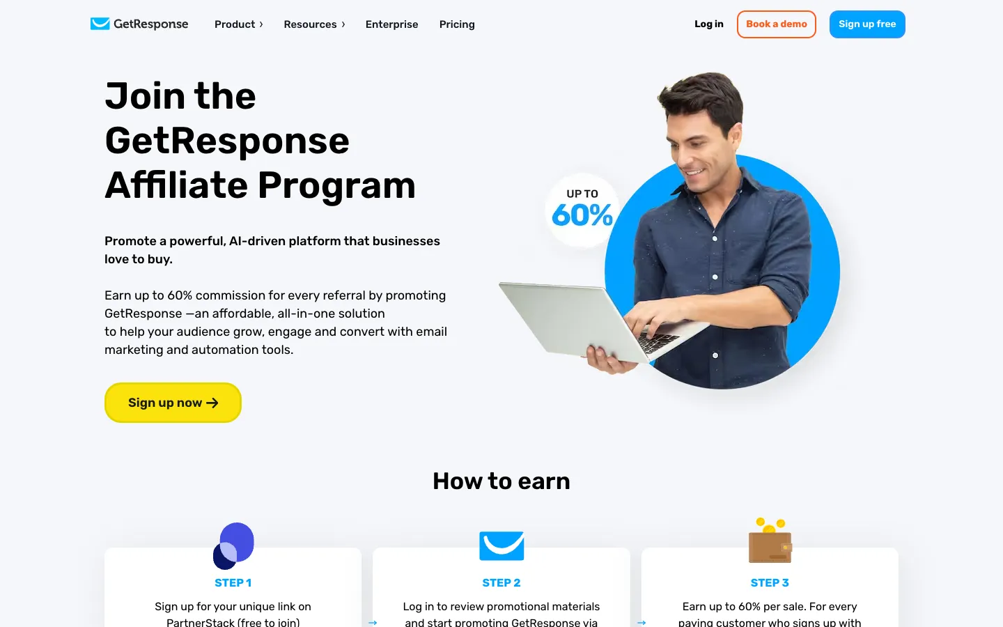 GetResponse affiliates page showing 'Up to 60%' commission badge and 'Join the GetResponse Affiliate Program' headline