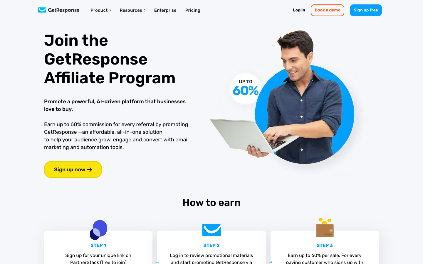 GetResponse affiliates page showing 'Up to 60%' commission badge and 'Join the GetResponse Affiliate Program' headline