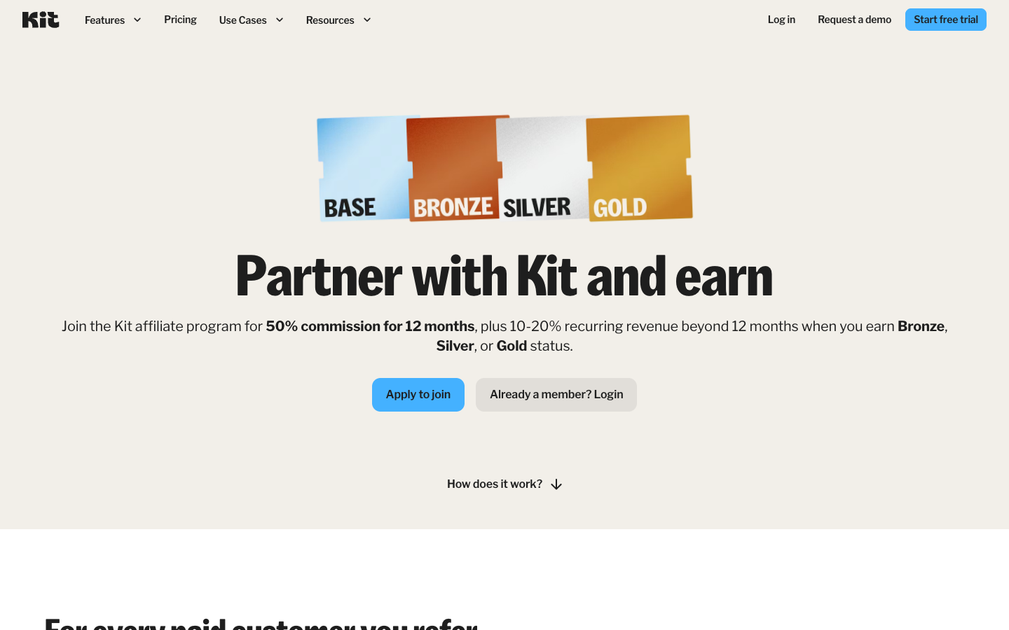 Kit affiliates page showing tier badges (Base, Bronze, Silver, Gold) and 'Partner with Kit and earn' headline