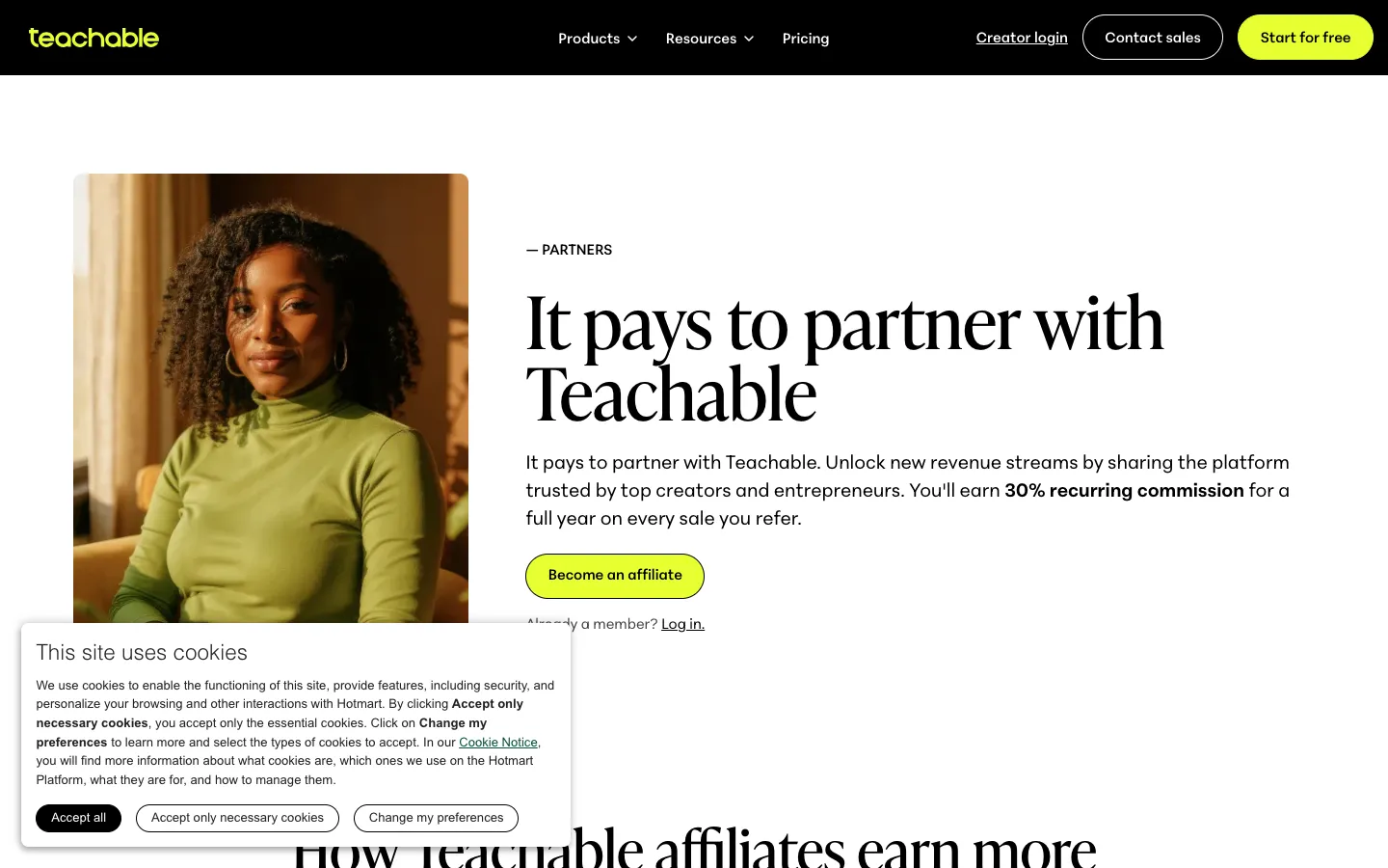 Teachable partner page showing 'It pays to partner with Teachable' headline with 30% recurring commission