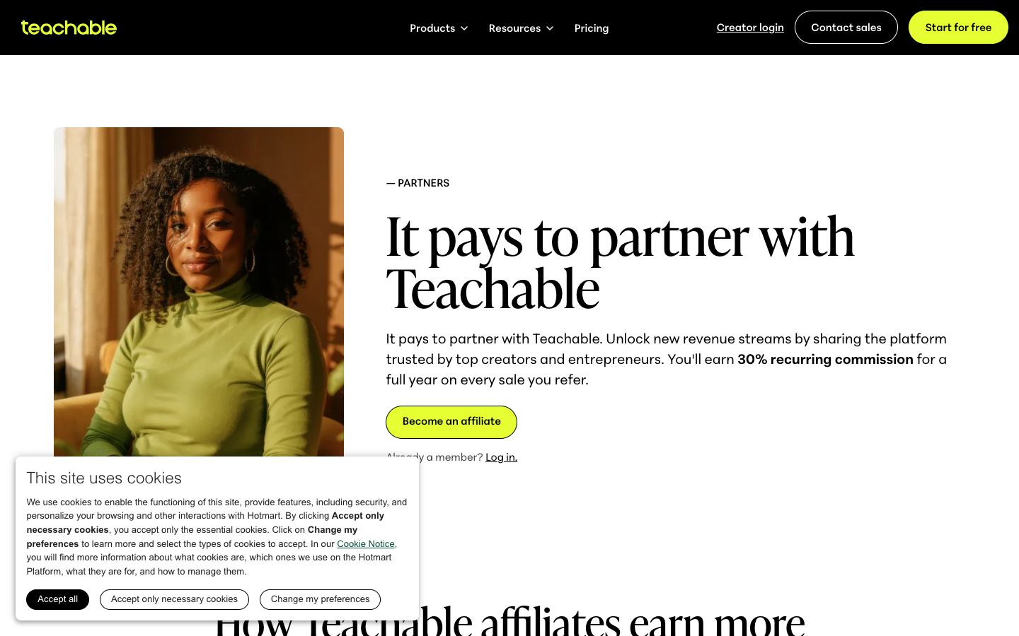Teachable partner page showing 'It pays to partner with Teachable' headline with 30% recurring commission