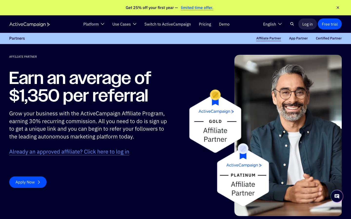 ActiveCampaign partner page showing 'Earn an average of $1,350 per referral' headline on dark background