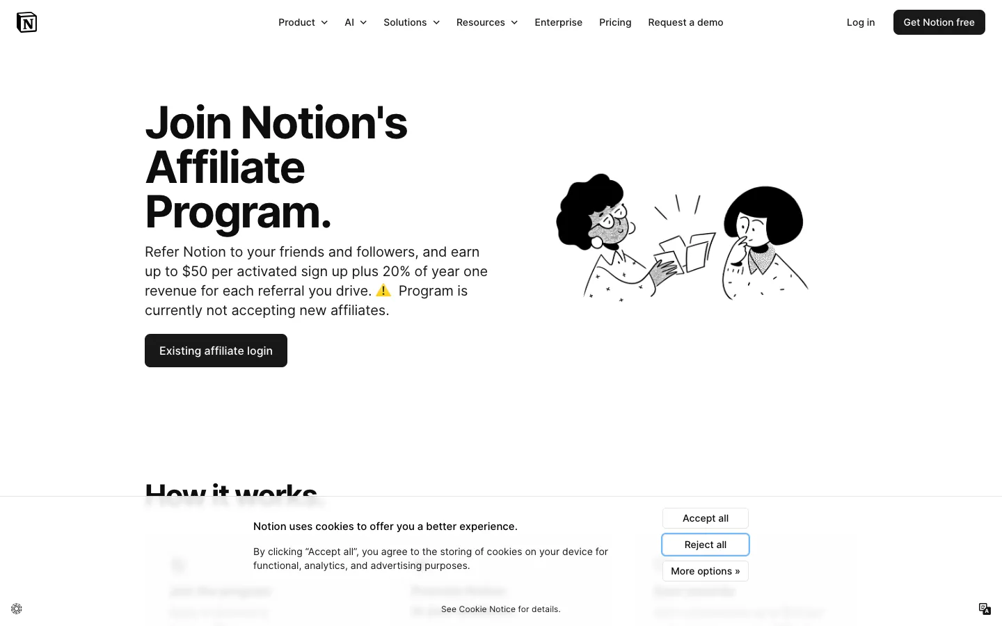 Notion affiliates page showing 'Join Notion's Affiliate Program' headline with illustration