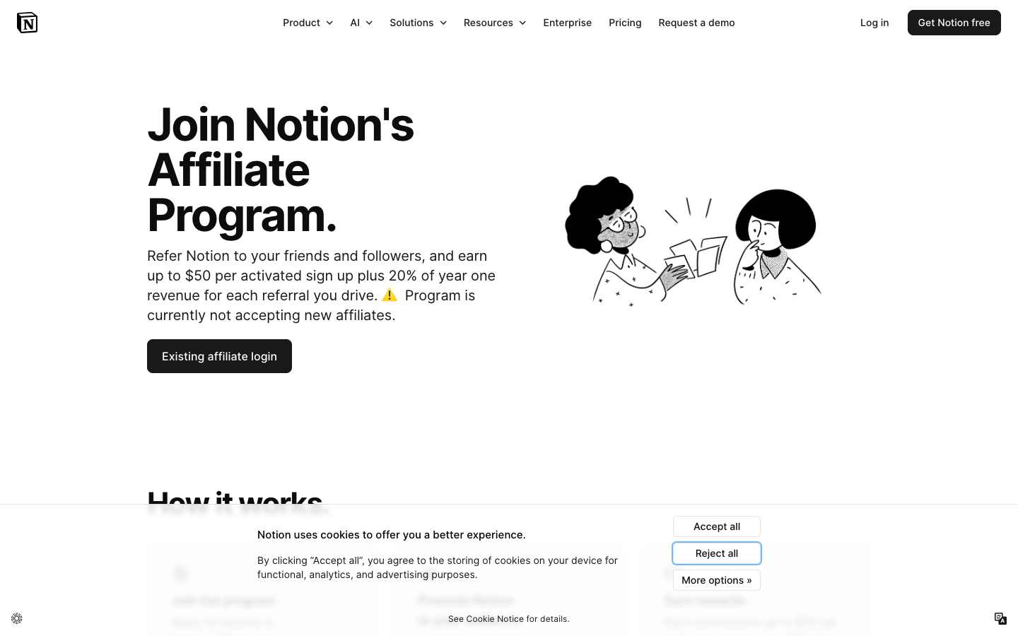 Notion affiliates page showing 'Join Notion's Affiliate Program' headline with illustration