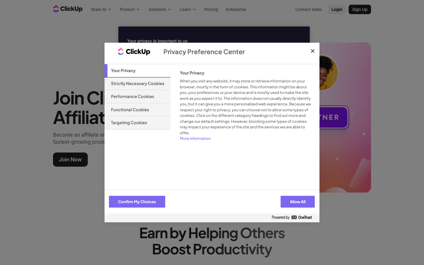 ClickUp affiliates page showing 'Join ClickUp's Affiliate Program' with privacy preference overlay