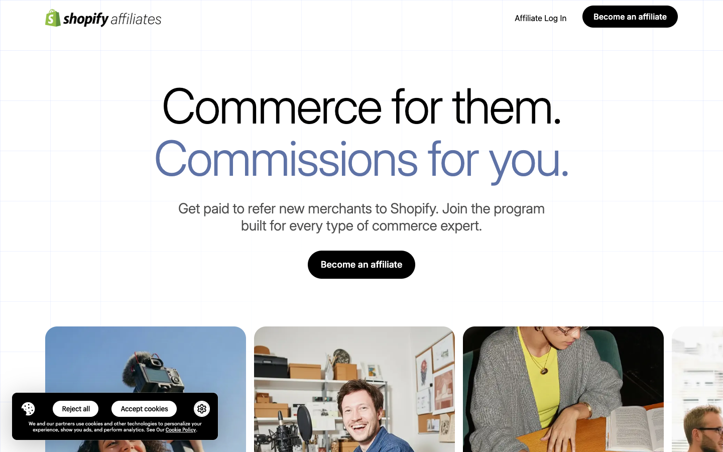 Shopify affiliates hero section showing 'Commerce for them. Commissions for you.' headline